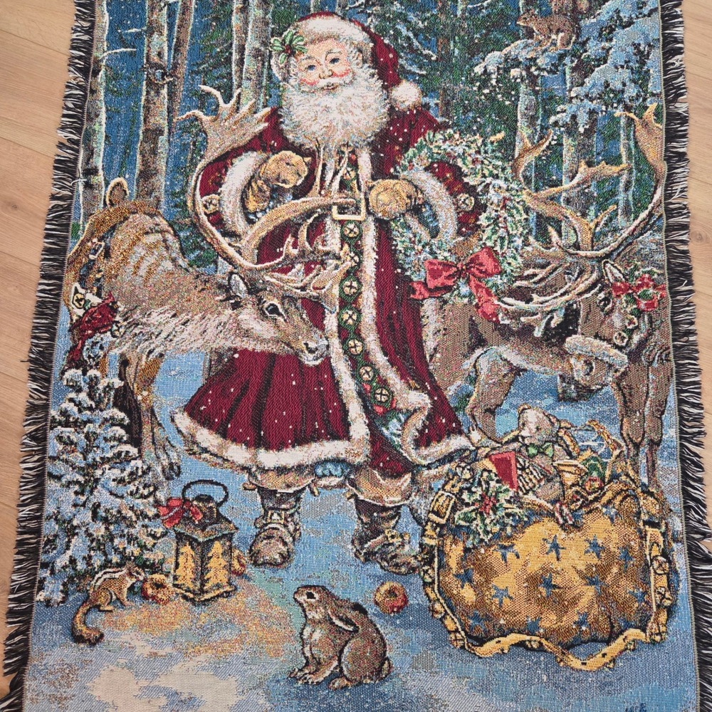 Vtg Mohawk Home Woven Tapestry Throw Blanket 100% Cotton Santa & Woodland Scene